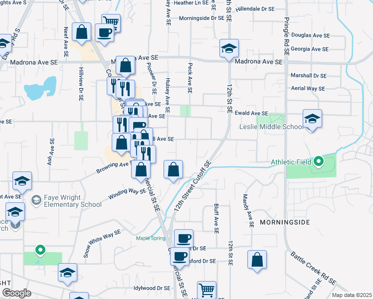 map of restaurants, bars, coffee shops, grocery stores, and more near 1010 Oakhill Avenue Southeast in Salem