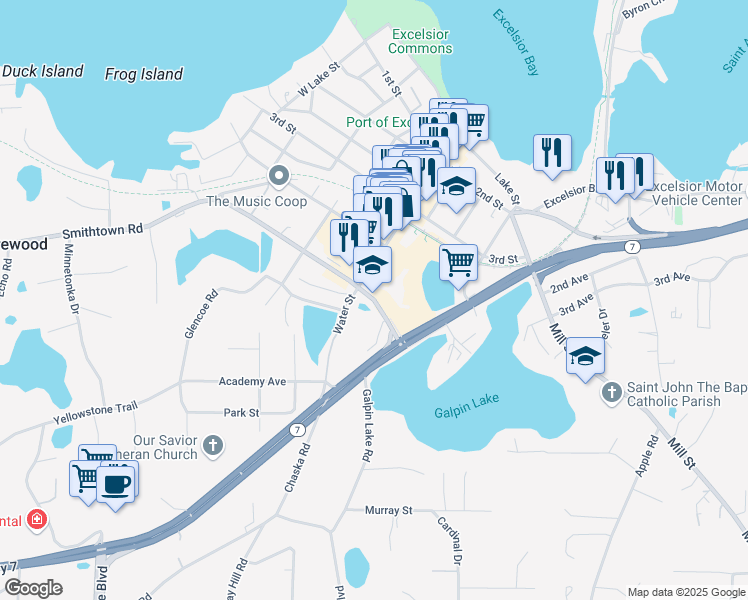 map of restaurants, bars, coffee shops, grocery stores, and more near 441 Oak Street in Excelsior