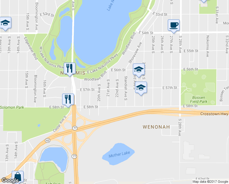 map of restaurants, bars, coffee shops, grocery stores, and more near 5708 22nd Avenue South in Minneapolis
