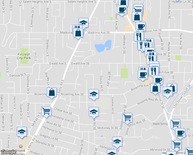 map of restaurants, bars, coffee shops, grocery stores, and more near 3888 Lone Oak Road Southeast in Salem