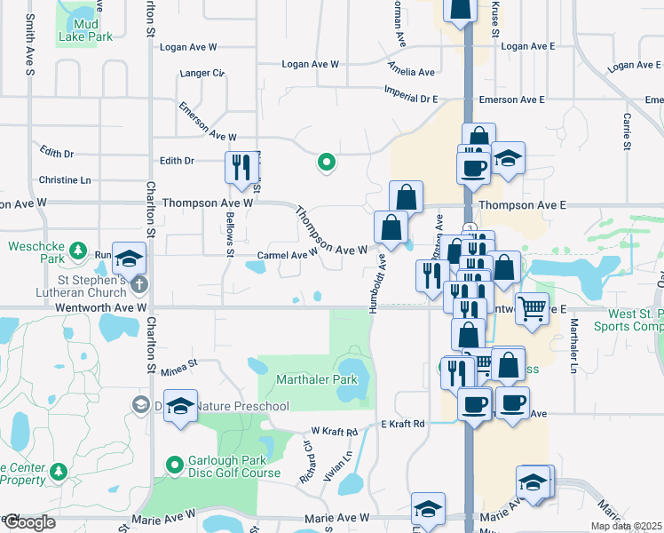 map of restaurants, bars, coffee shops, grocery stores, and more near 64 Thompson Avenue West in Saint Paul