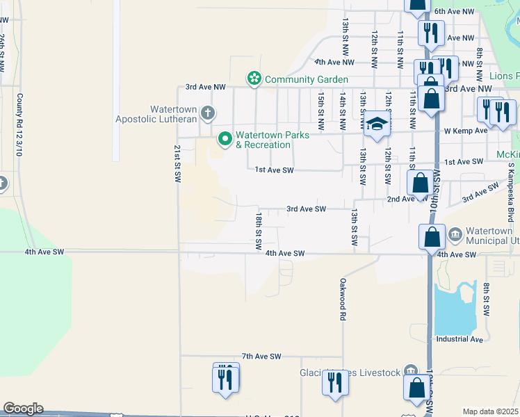 map of restaurants, bars, coffee shops, grocery stores, and more near 1799 3rd Avenue Southwest in Watertown