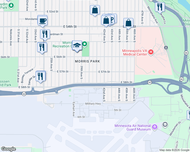 map of restaurants, bars, coffee shops, grocery stores, and more near 5712 41st Avenue South in Minneapolis