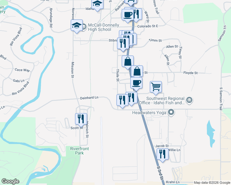 map of restaurants, bars, coffee shops, grocery stores, and more near 200 Thula Street in McCall