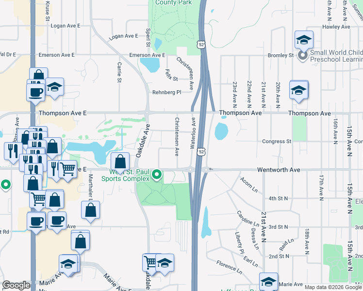 map of restaurants, bars, coffee shops, grocery stores, and more near 1546 Christensen Avenue in Saint Paul
