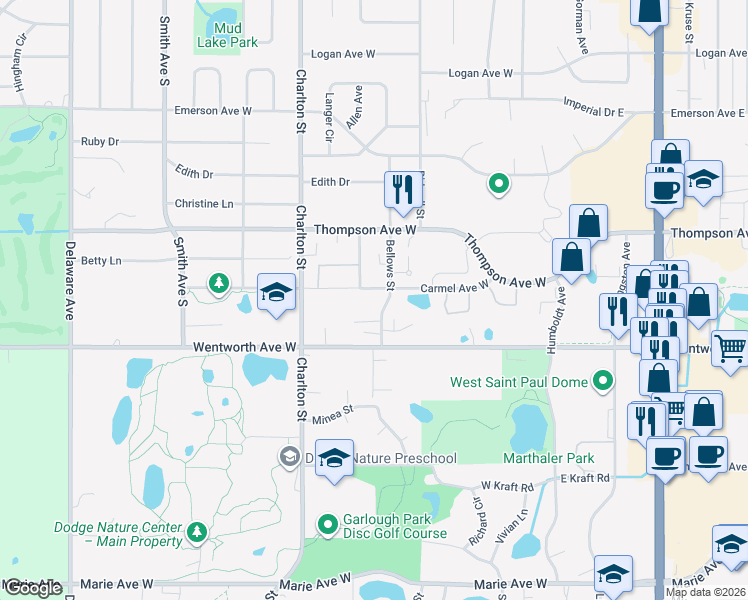 map of restaurants, bars, coffee shops, grocery stores, and more near 1555 Bellows Street in West Saint Paul