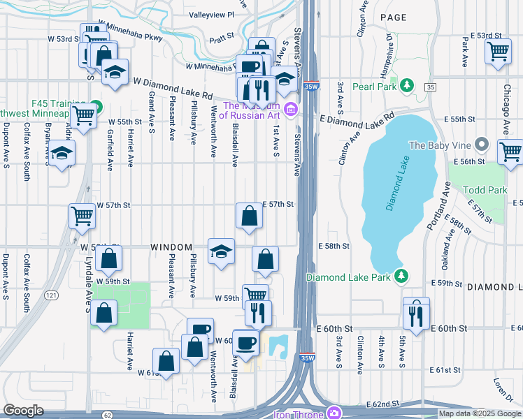 map of restaurants, bars, coffee shops, grocery stores, and more near 5701 Nicollet Avenue in Minneapolis