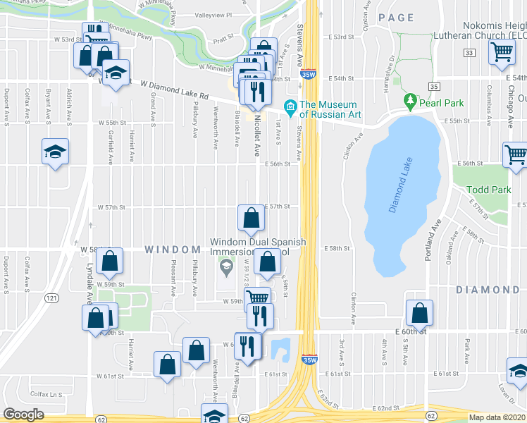 map of restaurants, bars, coffee shops, grocery stores, and more near 5701 Nicollet Avenue in Minneapolis