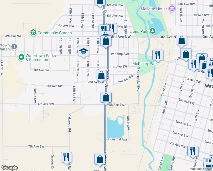 map of restaurants, bars, coffee shops, grocery stores, and more near 240 10th Street Southwest in Watertown