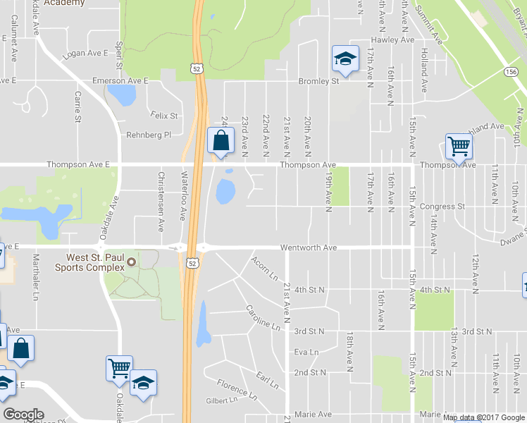 map of restaurants, bars, coffee shops, grocery stores, and more near 2201 Congress Street in South Saint Paul