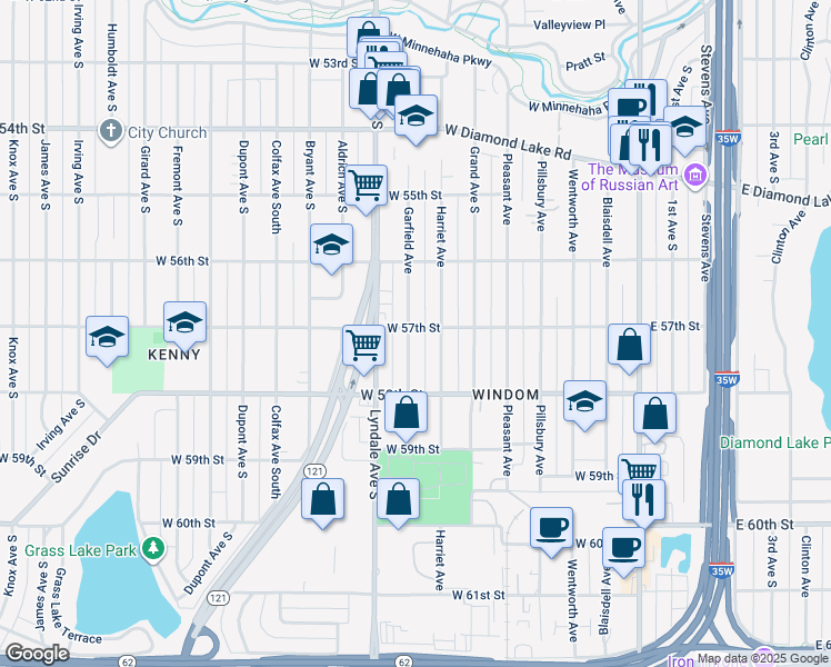 map of restaurants, bars, coffee shops, grocery stores, and more near 5701 Garfield Avenue in Minneapolis