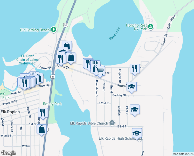 map of restaurants, bars, coffee shops, grocery stores, and more near 140 Ames Street in Elk Rapids