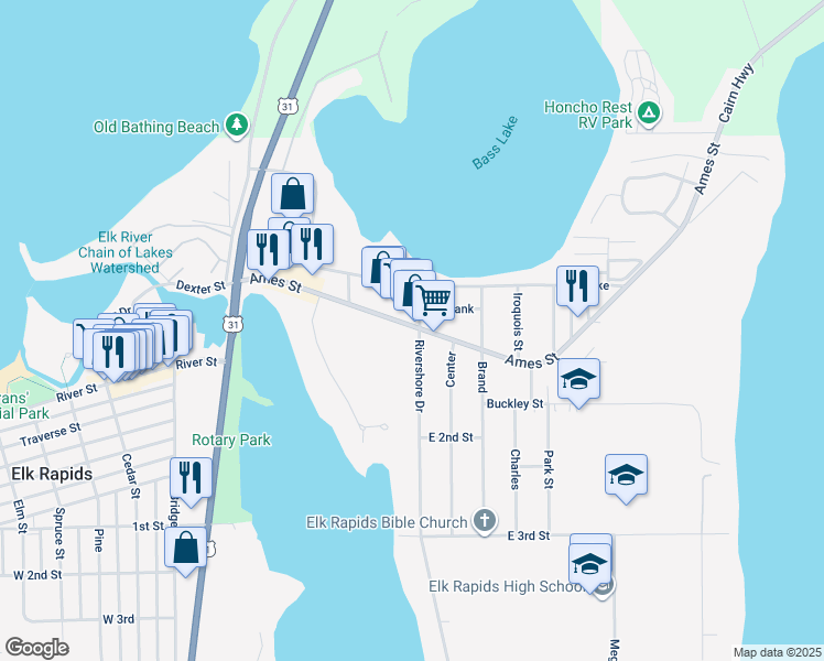 map of restaurants, bars, coffee shops, grocery stores, and more near 140 Ames St in Elk Rapids