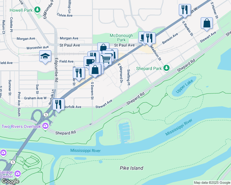 map of restaurants, bars, coffee shops, grocery stores, and more near 1377 West Maynard Drive in Saint Paul