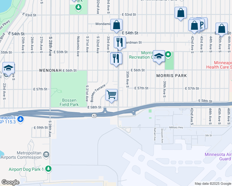 map of restaurants, bars, coffee shops, grocery stores, and more near 5712 South 34th Avenue in Minneapolis