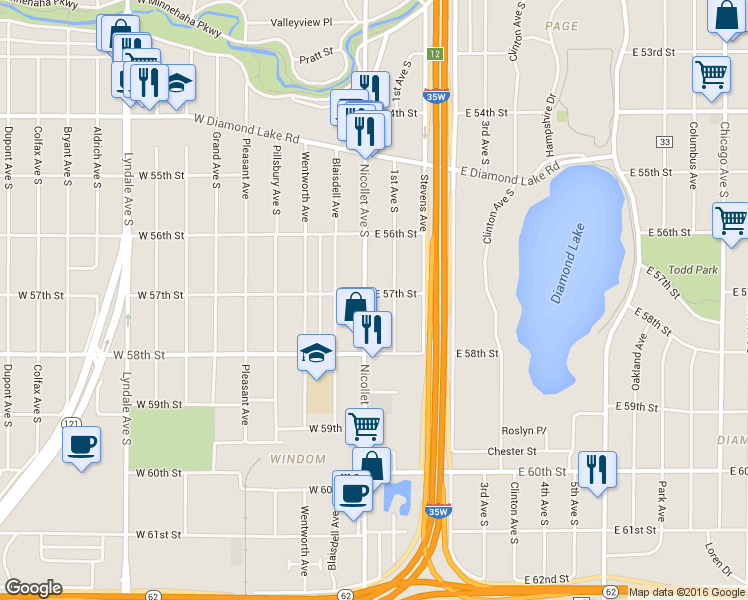 map of restaurants, bars, coffee shops, grocery stores, and more near 5701 Nicollet Avenue in Minneapolis