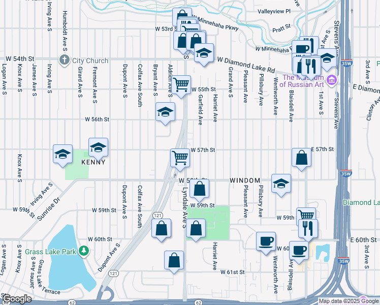 map of restaurants, bars, coffee shops, grocery stores, and more near 5703 Lyndale Avenue South in Minneapolis