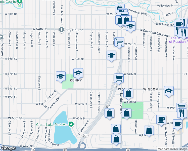 map of restaurants, bars, coffee shops, grocery stores, and more near 5700 Colfax Avenue South in Minneapolis