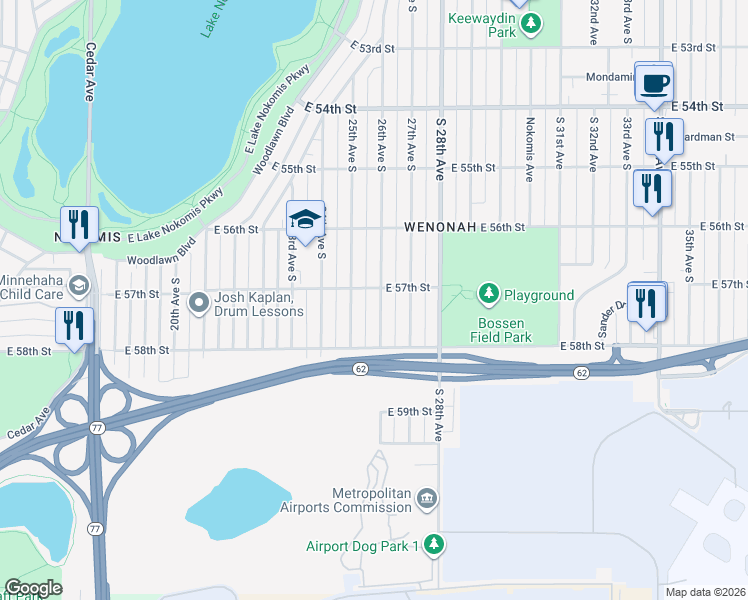 map of restaurants, bars, coffee shops, grocery stores, and more near 5708 26th Avenue South in Minneapolis