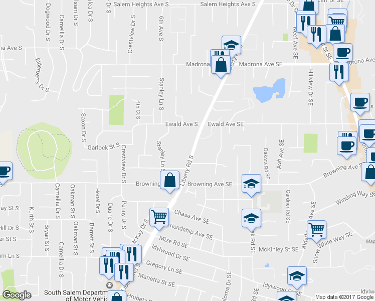 map of restaurants, bars, coffee shops, grocery stores, and more near 3895 Liberty Road South in Salem
