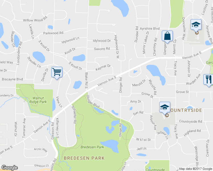 map of restaurants, bars, coffee shops, grocery stores, and more near 6021 Vernon Avenue South in Minneapolis