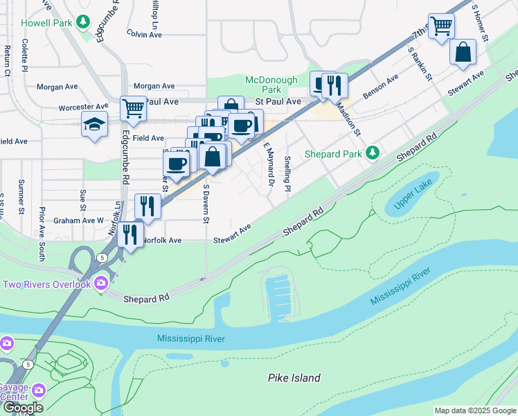 map of restaurants, bars, coffee shops, grocery stores, and more near 1377 West Maynard Drive in Saint Paul