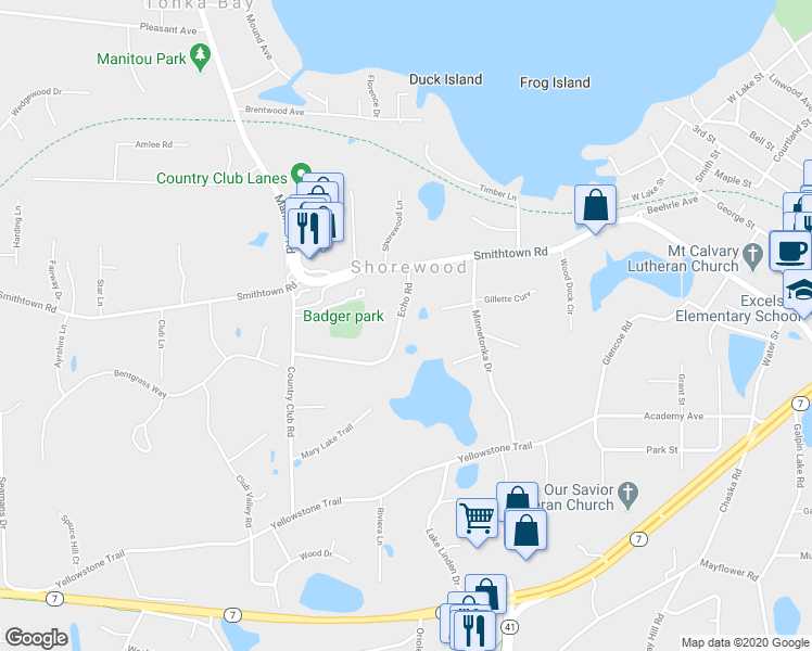 map of restaurants, bars, coffee shops, grocery stores, and more near 5725 Echo Road in Shorewood