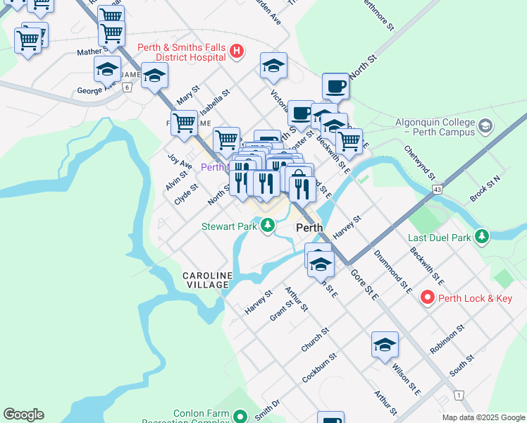 map of restaurants, bars, coffee shops, grocery stores, and more near 17 Wilson Street East in Perth