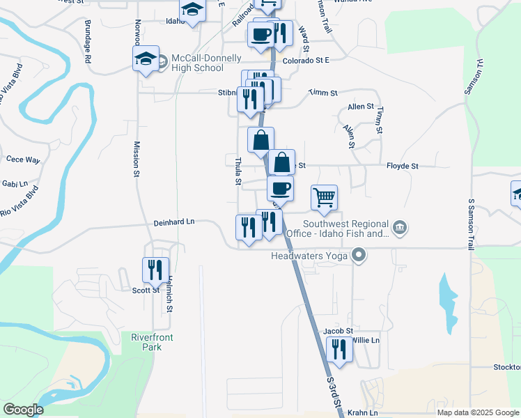 map of restaurants, bars, coffee shops, grocery stores, and more near 307 McBride Street in McCall