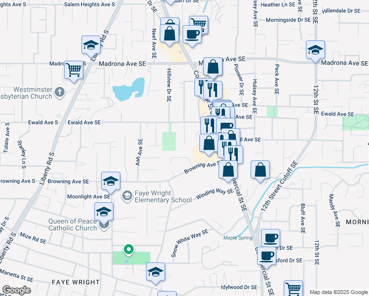map of restaurants, bars, coffee shops, grocery stores, and more near 3890 Welty Avenue Southeast in Salem