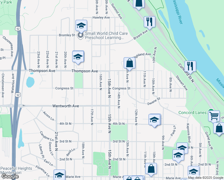 map of restaurants, bars, coffee shops, grocery stores, and more near 558 15th Avenue North in South Saint Paul
