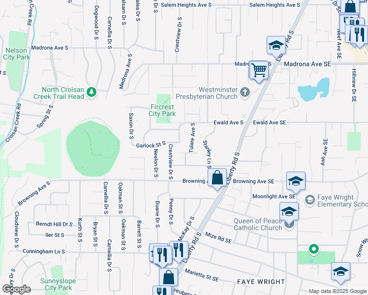 map of restaurants, bars, coffee shops, grocery stores, and more near 3890 Crestview Drive South in Salem
