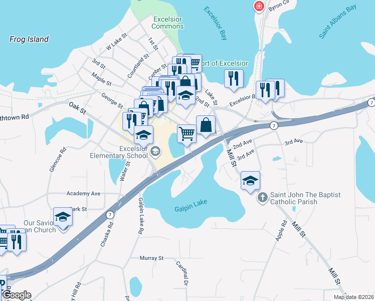 map of restaurants, bars, coffee shops, grocery stores, and more near 400 Minnesota 7 in Excelsior