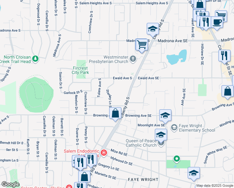 map of restaurants, bars, coffee shops, grocery stores, and more near 3800 Stanley Lane South in Salem
