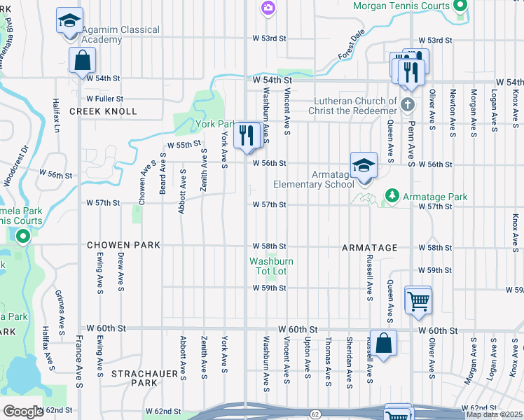 map of restaurants, bars, coffee shops, grocery stores, and more near 5700 Washburn Avenue South in Minneapolis