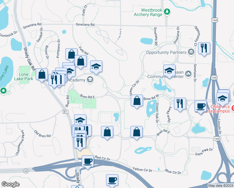 map of restaurants, bars, coffee shops, grocery stores, and more near 10500 Bren Road West in Minnetonka