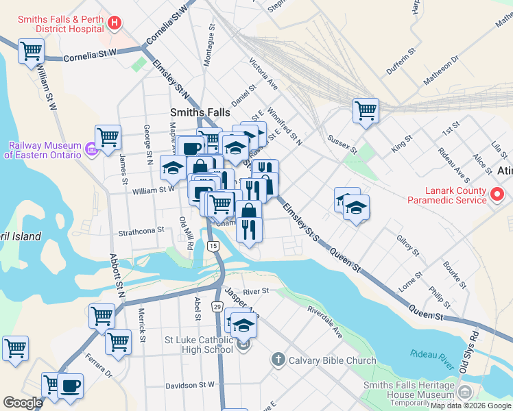 map of restaurants, bars, coffee shops, grocery stores, and more near 41 Main Street East in Smiths Falls