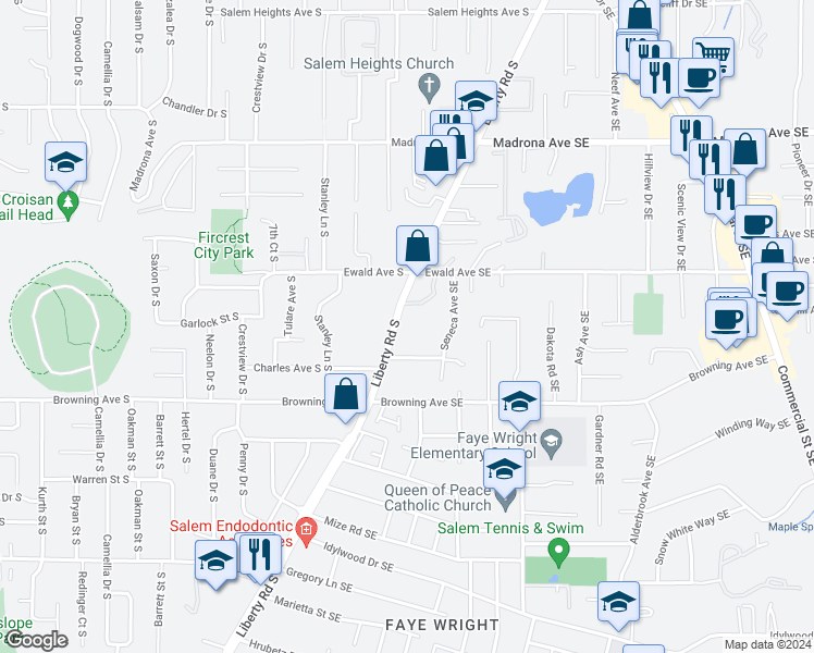 map of restaurants, bars, coffee shops, grocery stores, and more near 3872 Liberty Road South in Salem