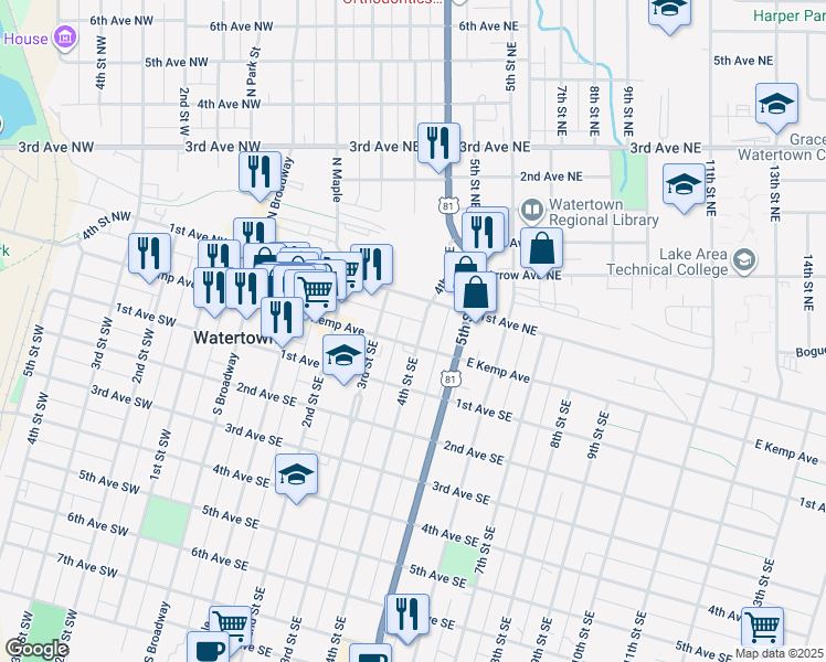 map of restaurants, bars, coffee shops, grocery stores, and more near 315 East Kemp Avenue in Watertown