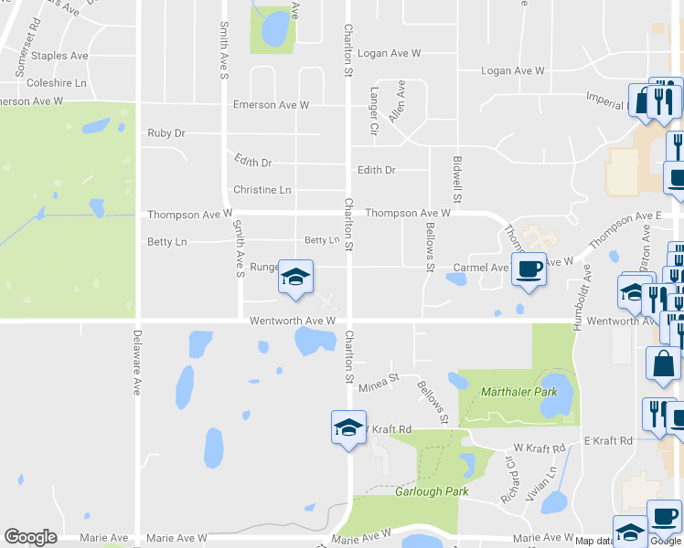 map of restaurants, bars, coffee shops, grocery stores, and more near 272 Runge Lane in Saint Paul
