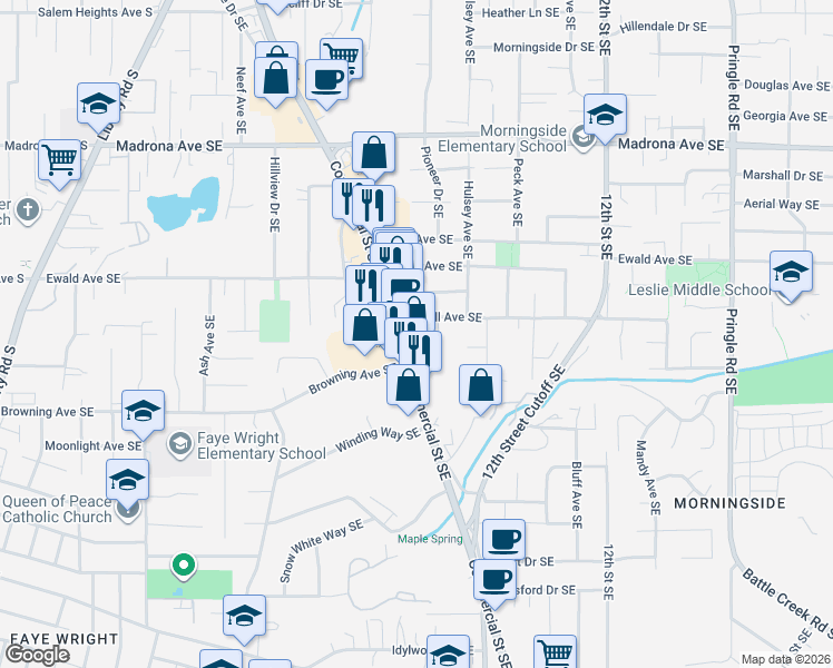 map of restaurants, bars, coffee shops, grocery stores, and more near 3912 Commercial Street Southeast in Salem