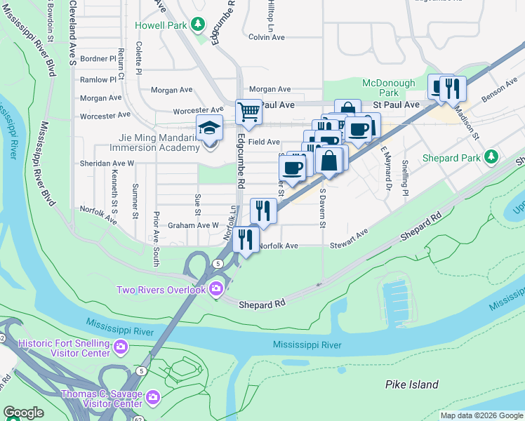 map of restaurants, bars, coffee shops, grocery stores, and more near 2623 7th Street West in Saint Paul