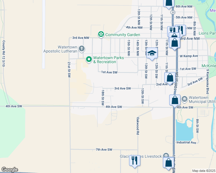 map of restaurants, bars, coffee shops, grocery stores, and more near 1731 1/2 3rd Avenue Southwest in Watertown