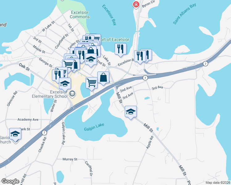 map of restaurants, bars, coffee shops, grocery stores, and more near 332 Mill Street in Excelsior