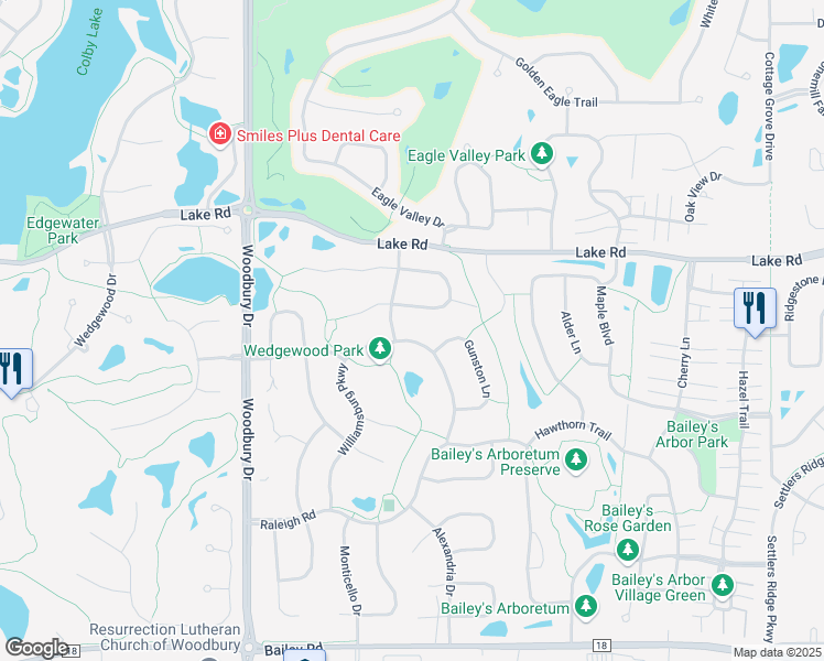 map of restaurants, bars, coffee shops, grocery stores, and more near 3401 Richmond Parkway in Woodbury