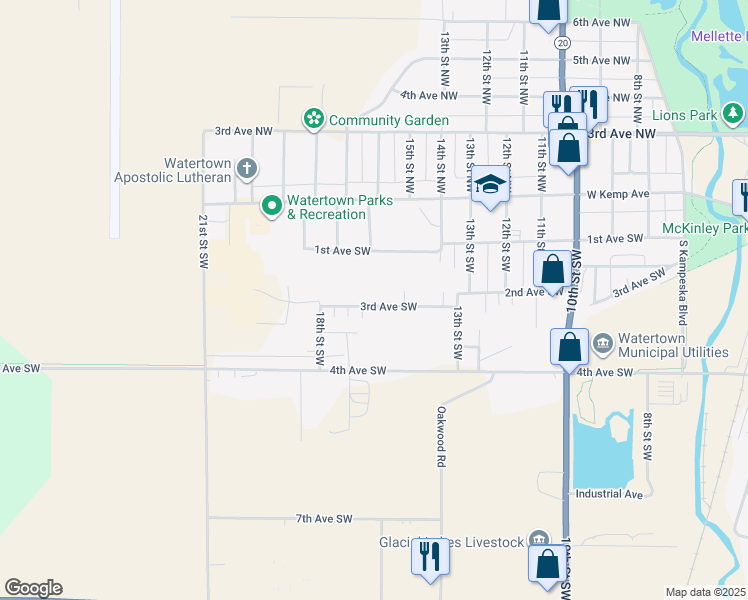 map of restaurants, bars, coffee shops, grocery stores, and more near 1521 3rd Avenue Southwest in Watertown