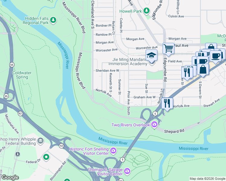 map of restaurants, bars, coffee shops, grocery stores, and more near 1400 Kenneth Street South in Saint Paul
