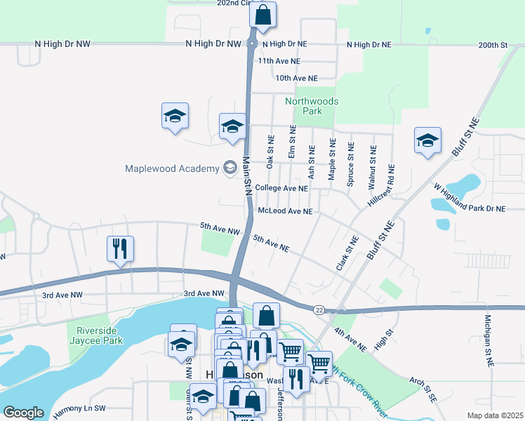 map of restaurants, bars, coffee shops, grocery stores, and more near 531 Main Street North in Hutchinson
