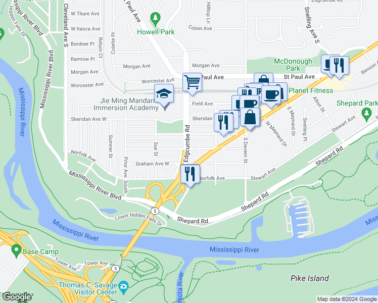 map of restaurants, bars, coffee shops, grocery stores, and more near 1812 Munster Avenue West in Saint Paul