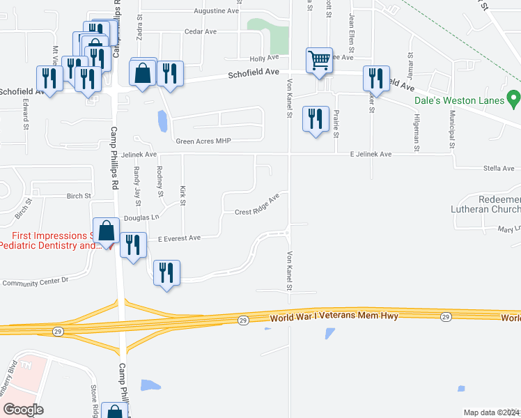 map of restaurants, bars, coffee shops, grocery stores, and more near 4803 Crest Ridge Avenue in Schofield